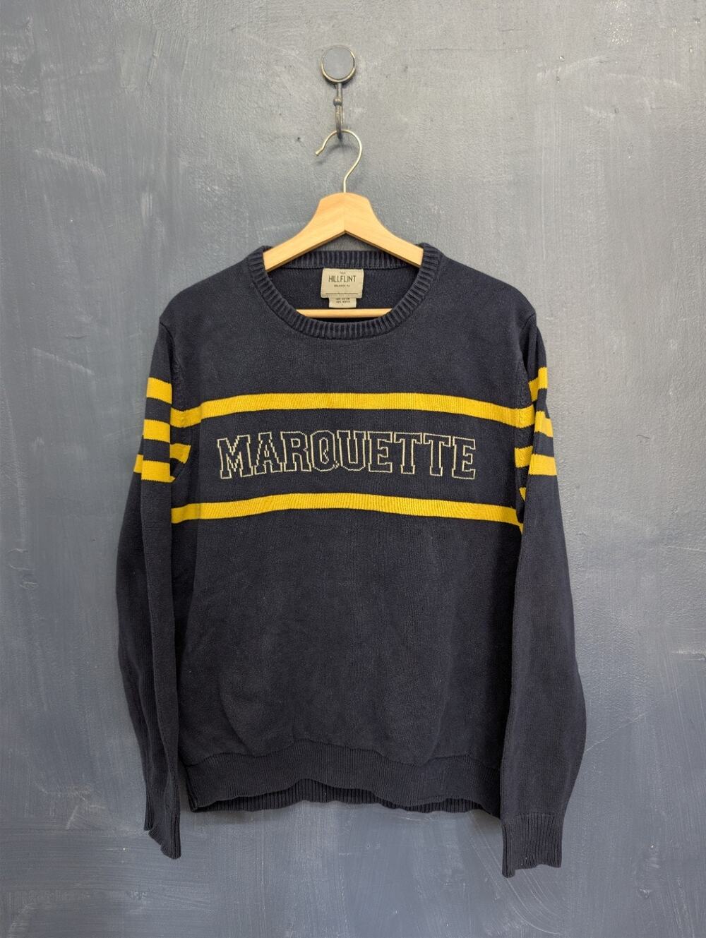 Hillflint Marquette University knit sweater in navy blue with gold/yellow stripe